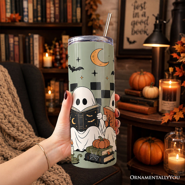 Spooky Ghosts Reading Books 20oz Personalized Tumbler With Lid and Stainless Steel Straw, Bookworm Halloween Gift Cup