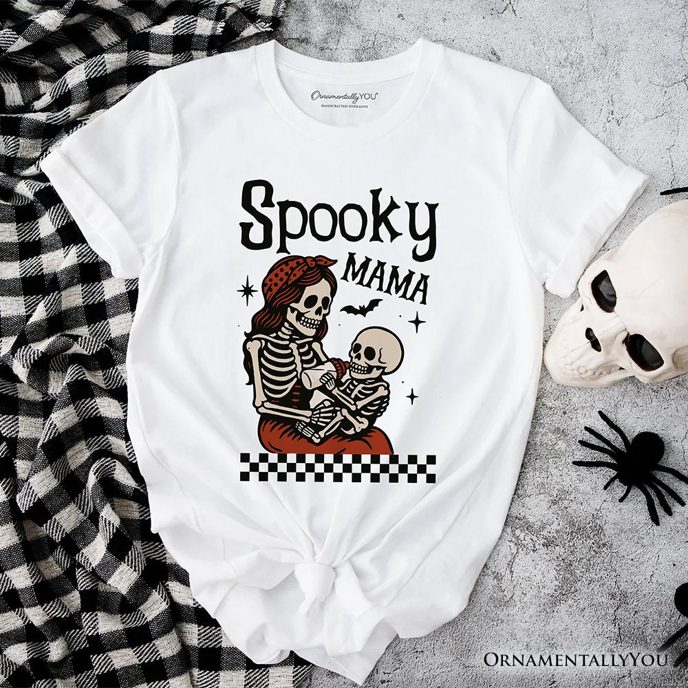 Spooky Mama Skeleton Halloween T-Shirt, Momster Retro Checkered Tee With Boo Vibes T-Shirts OrnamentallyYou White XS 