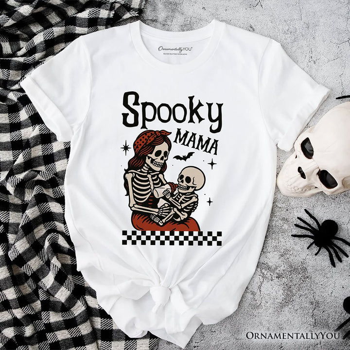 Spooky Mama Skeleton Halloween T-Shirt, Momster Retro Checkered Tee With Boo Vibes T-Shirts OrnamentallyYou White XS 