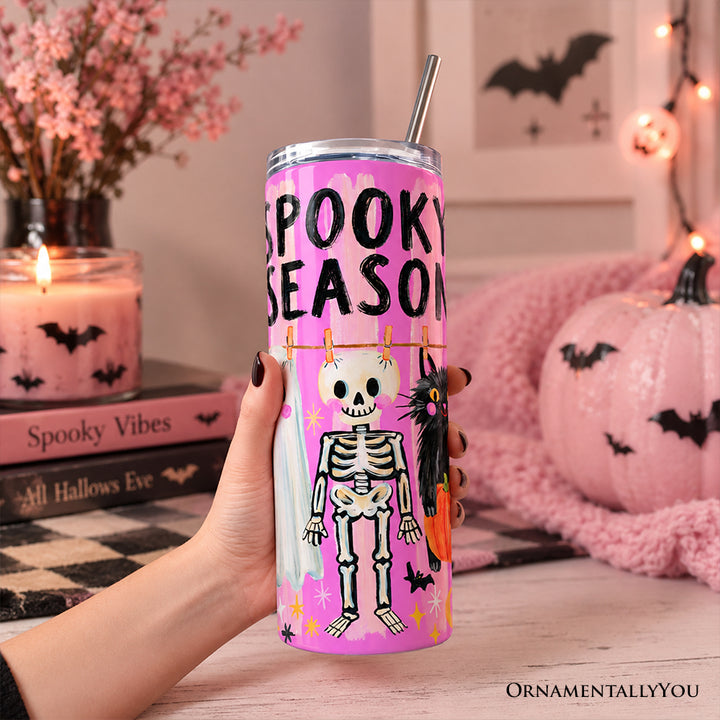Spooky Season Ghost Skeleton Cat 20oz Personalized Tumbler With Lid and Stainless Steel Straw, Colorful Stripe Halloween Costume Gift Cup
