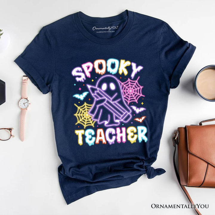 Spooky Teacher Neon Ghost T-Shirt, Retro Halloween Tee for Educators T-Shirts OrnamentallyYou Navy XS 