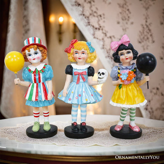 Spooky Victorian Masquerade Girl Trio, 6" Trick or Treat Clown Figurines and Hauntingly Elegant Halloween Decor Resin Statues OrnamentallyYou 