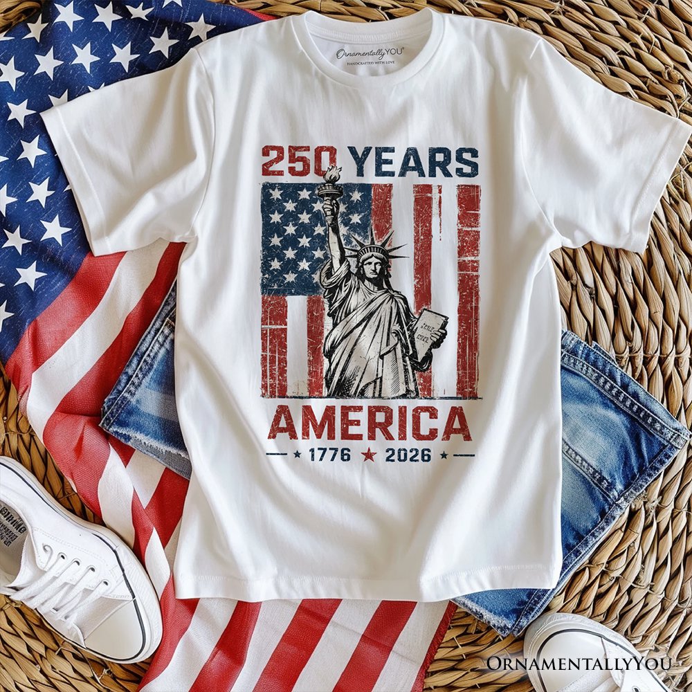 Statue of Liberty America Flag 250 Years T-Shirt, 4th of July USA Patriotic 1776–2026 Tee T-Shirts OrnamentallyYou White XS 