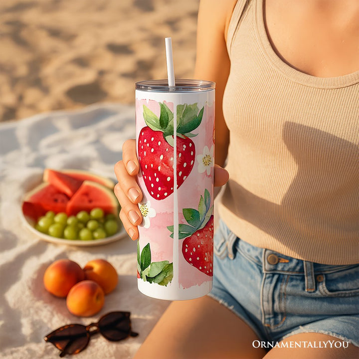 Strawberry Pattern 20oz Personalized Tumbler With Lid and Stainless Steel Straw, Summer Pink Girly Travel Mug Gift Tumbler OrnamentallyYou 