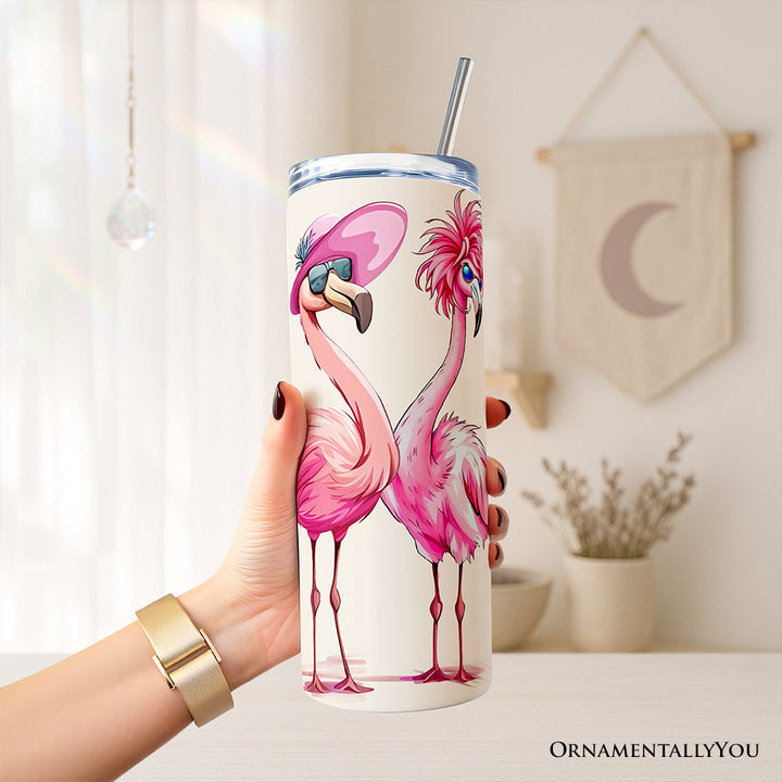 Stylish Summer Flamingo 20oz Personalized Tumbler With Lid and Stainless Steel Straw, Retro Tropical Birds Gift Cup