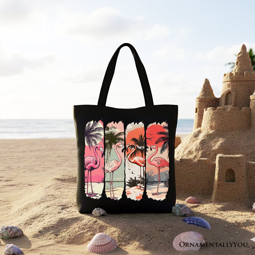 Summer Flamingo Beach Canvas Tote Bag, Retro Vacation Tropical Sunset Gift Shopper Tote Bag OrnamentallyYou Black 
