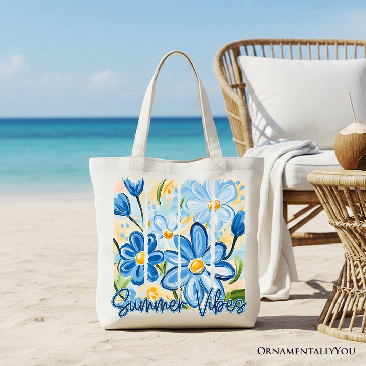 Summer Vibes Brushstroke Flowers Tote Bag, Aesthetic Gift Shopper Tote Bag OrnamentallyYou White 
