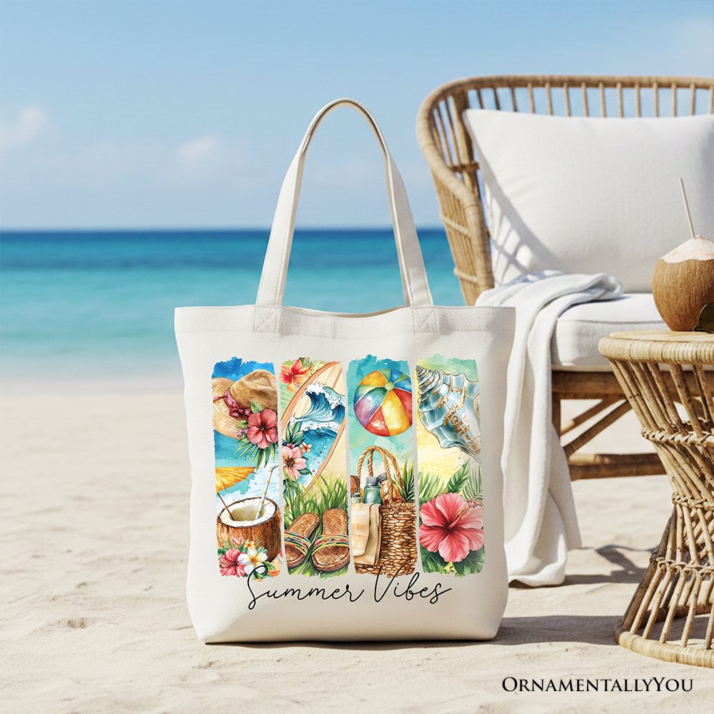 Summer Vibes Canvas Tote Bag, Beach Gift Shopper with Coconut and Flowers Tote Bag OrnamentallyYou White 