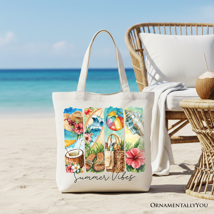 Summer Vibes Canvas Tote Bag, Beach Gift Shopper with Coconut and Flowers
