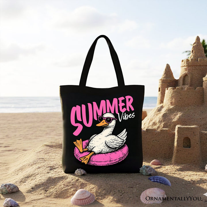 Summer Vibes Goose Tote Bag, Funny Beach Vacation Gift Shopper Tote Bag OrnamentallyYou Black 