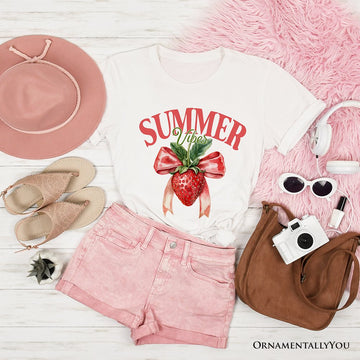 Summer Vibes Strawberry T-Shirt, White, Natural and Navy Seasonal Tee with Coquette Style T-Shirts OrnamentallyYou White XS 