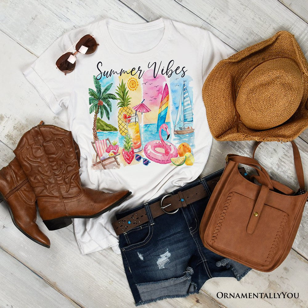 Summer Vibes T-Shirt, White and Natural Vacation Beach Tee T-Shirts OrnamentallyYou White XS 