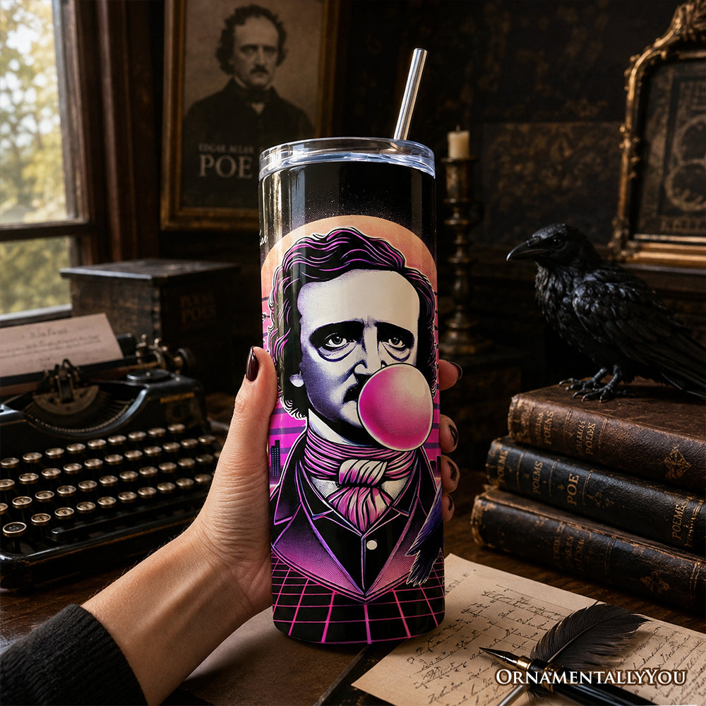 Synthwave 80's Styled Edgar Allan Poe Horror 20oz Personalized Tumbler With Lid and Stainless Steel Straw, Vaporwave Classic Retro Neon Halloween Gift Cup