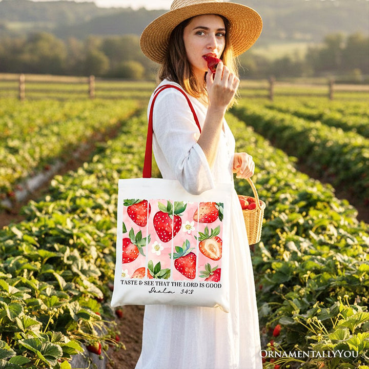 Taste and See That The Lord is Good Strawberry Canvas Tote Bag, Christian Faith Gift Shopper Tote Bag OrnamentallyYou 