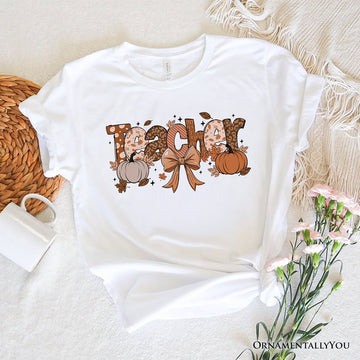 Teacher Coquette Autumn T-Shirt, Cozy Fall Pumpkin Tee for Educators T-Shirts OrnamentallyYou White XS 