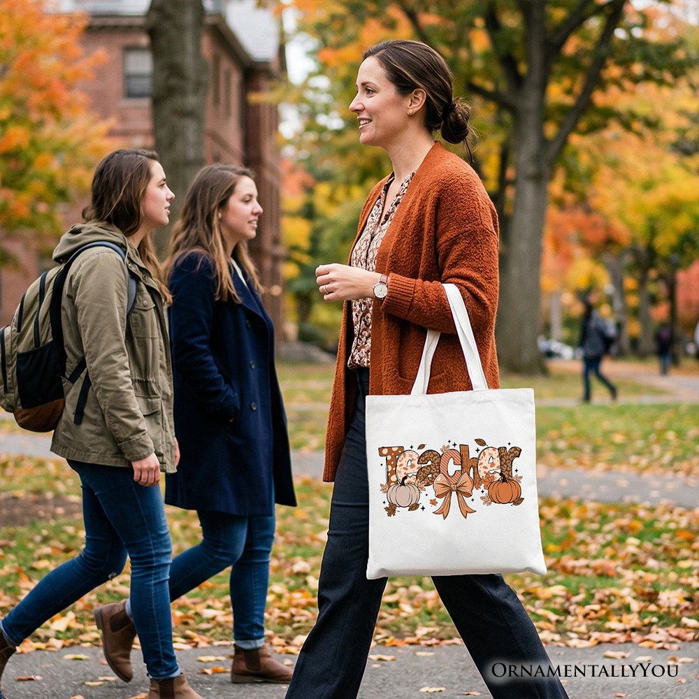 Teacher Coquette Autumn Tote Bag, Cozy Fall Pumpkin Gift Shopper for Educators Tote Bag OrnamentallyYou 