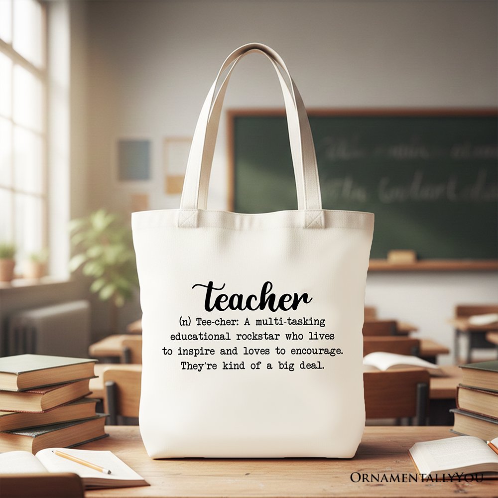 Teacher Definition Canvas Tote Bag, Inspirational Quote Gift Shopper for Educators Tote Bag OrnamentallyYou White 