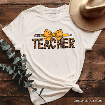 Teacher Leopard Pencil T-Shirt, Coquette Bow Retro Classroom Tee for Educators T-Shirts OrnamentallyYou Natural XS 