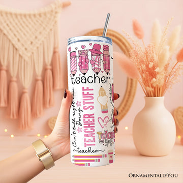 Teacher Life Pink 3D Inflated 20oz Personalized Tumbler With Lid and Stainless Steel Straw, Educator Appreciation Gift Cup Tumbler OrnamentallyYou 