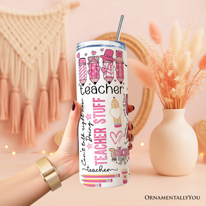 Teacher Life Pink 3D Inflated 20oz Personalized Tumbler With Lid and Stainless Steel Straw, Educator Appreciation Gift Cup