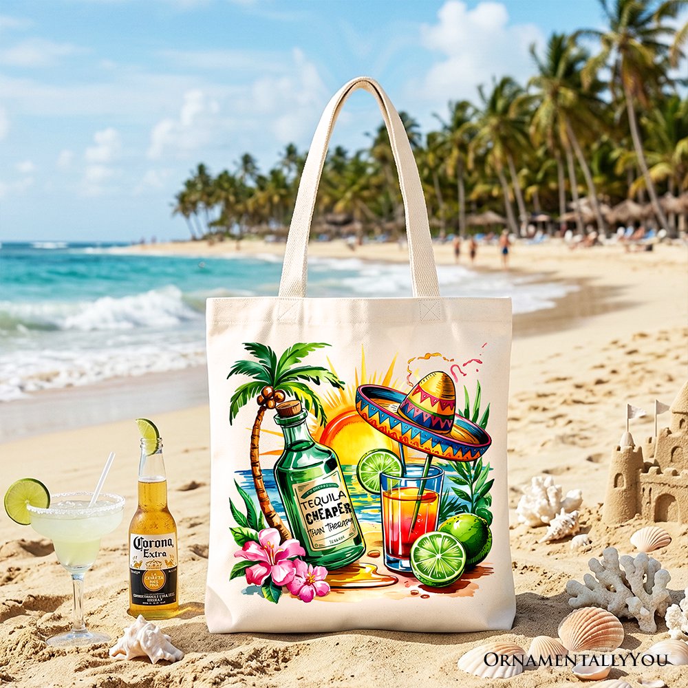 Tequila Cheaper Than Therapy Cinco De Mayo Tote Bag, Funny Beach Drink Gift Shopper Tote Bag OrnamentallyYou Beige 