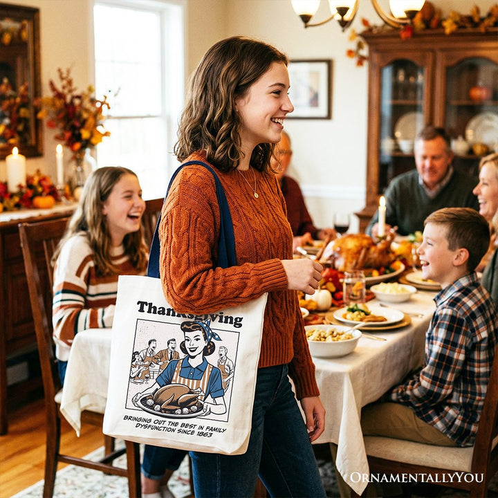 Thanksgiving Family Dysfunction Retro Tote Bag, Funny Holiday Humor Gift Shopper for Sarcastic Families Tote Bag OrnamentallyYou 