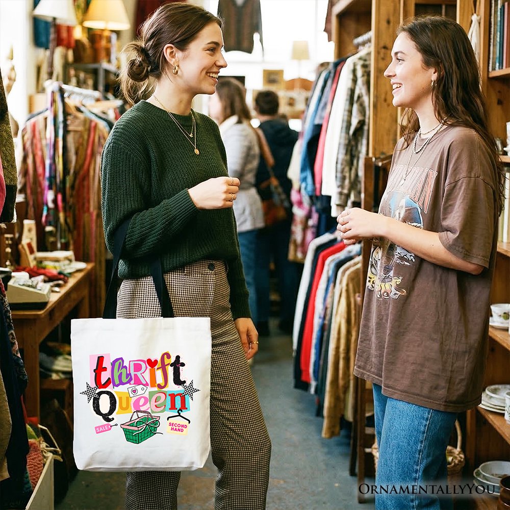 Thrift Queen Tote Bag, Colorful Second Hand Shopping Gift Shopper Tote Bag OrnamentallyYou 