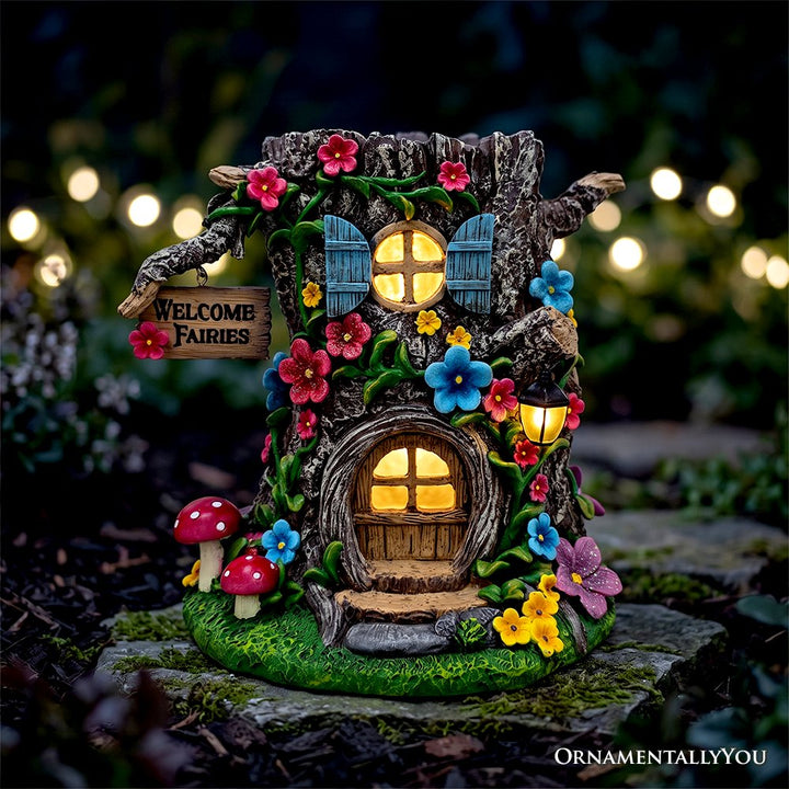 Tree Trunk Fairy Solar House Garden Statue, 8" Lighted Woodland Cottage Figurine Outdoor Decor Resin Statues OrnamentallyYou 
