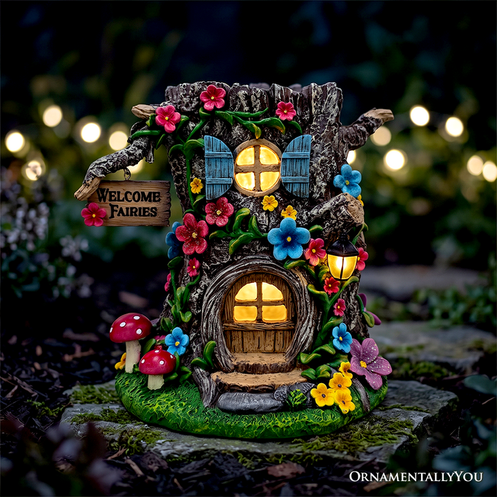 Tree Trunk Fairy Solar House Garden Statue, 8" Lighted Woodland Cottage Figurine Outdoor Decor