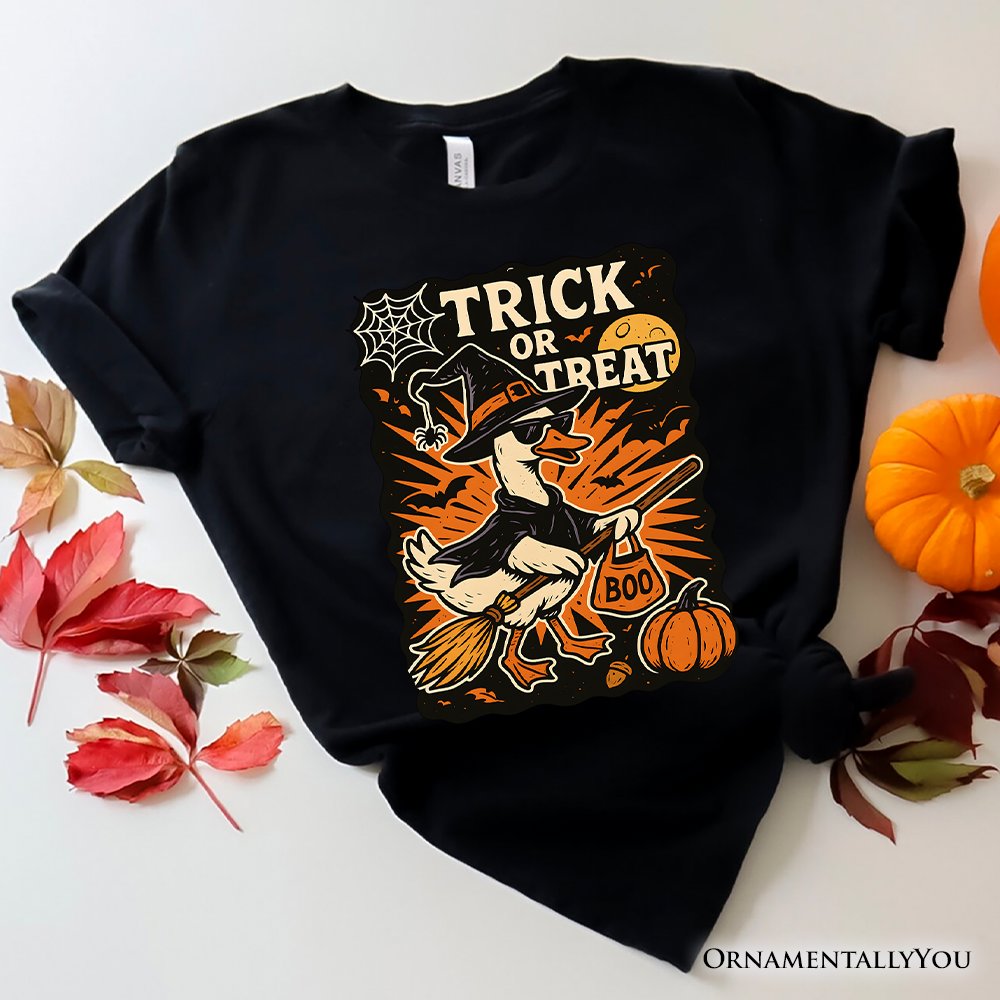 Trick or Treat Goose T-Shirt, Vintage Halloween Witch Tee for October T-Shirts OrnamentallyYou Black XS 
