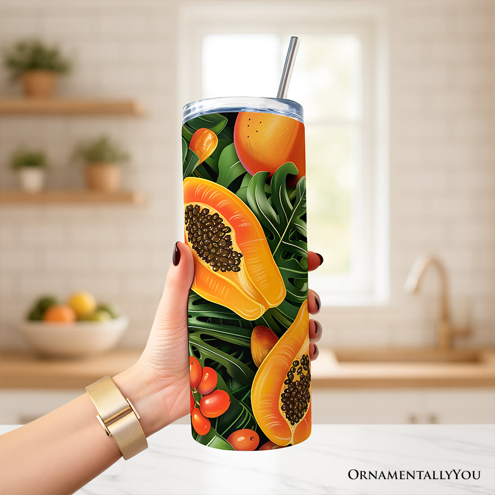 Tropical Papaya, Mango and Citrus 20oz Personalized Tumbler With Lid and Stainless Steel Straw, Exotic Summer Fruit Gift Cup
