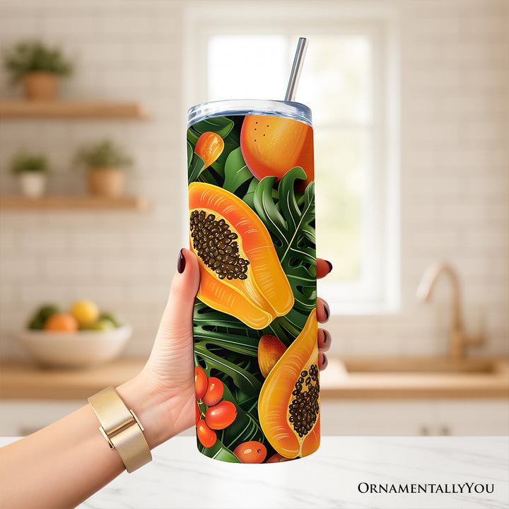 Tropical Papaya, Mango and Citrus 20oz Personalized Tumbler With Lid and Stainless Steel Straw, Exotic Summer Fruit Gift Cup