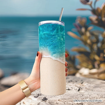 Turquoise Ocean Shore 20oz Personalized Tumbler With Lid and Stainless Steel Straw, Tropical Summer Coastal Gift Cup Tumbler OrnamentallyYou 