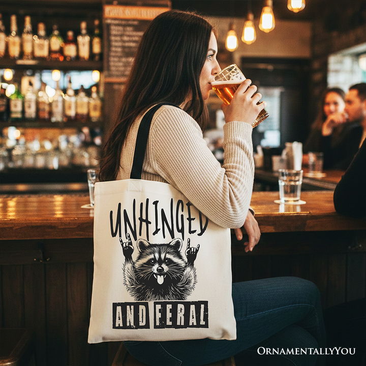 Unhinged and Feral Raccoon Canvas Tote Bag, Funny Rock Hands Gift Shopper for Wild People