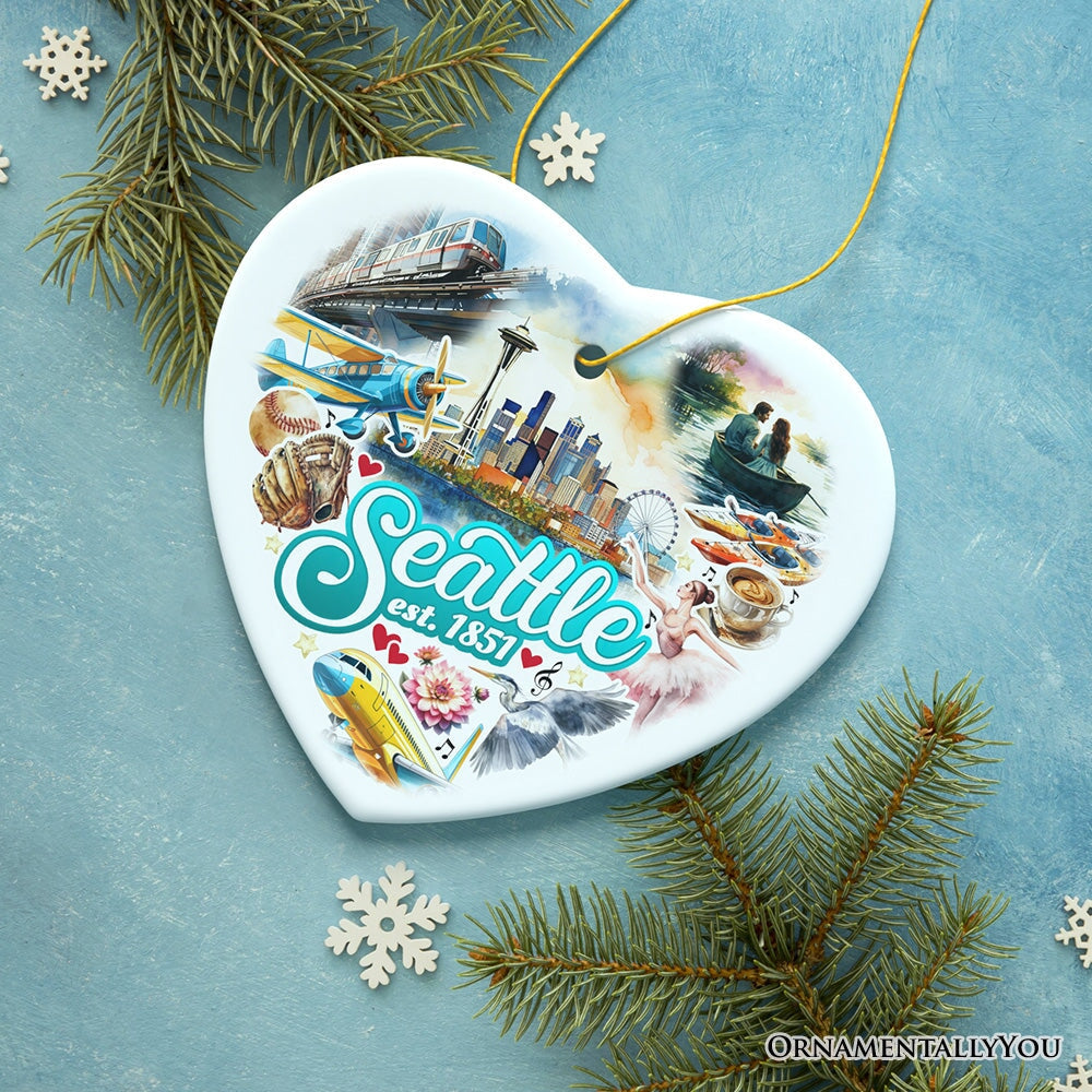 Unique Seattle Watercolor Ceramic Ornament, Washington State Souvenir and Christmas Decor Ceramic Ornament OrnamentallyYou 