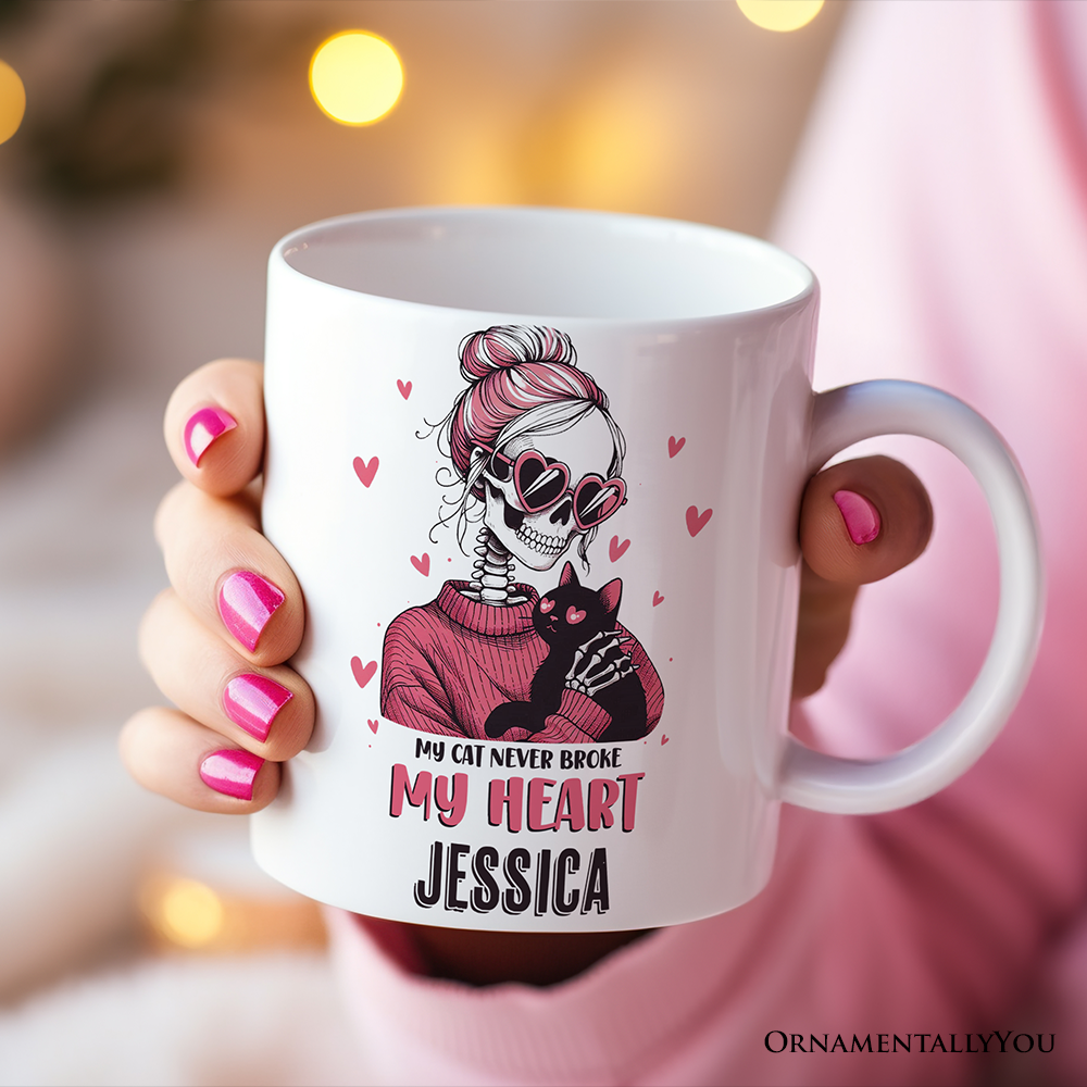 Valentine Day Girl Skeleton Personalized Mug, My Cat Never Broke My Heart Funny Gift With Custom Name