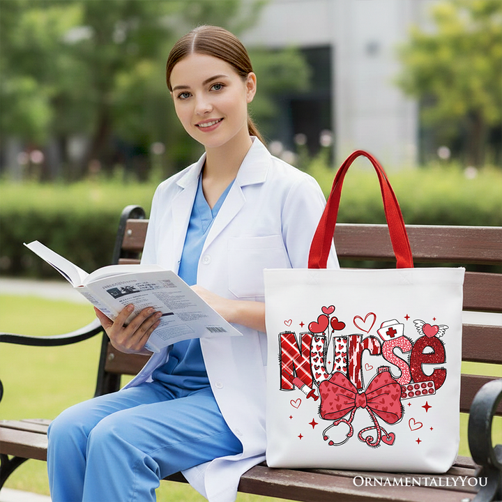 Valentine Nurse Coquette Bow Canvas Tote Bag, Cupid Favorite Nurse Work Shopper