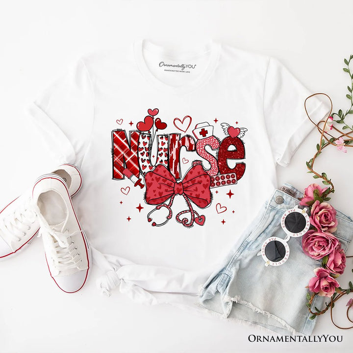 Valentine Nurse Coquette Bow T-Shirt, Cupid Favorite Nurse Tee T-Shirts OrnamentallyYou White XS 