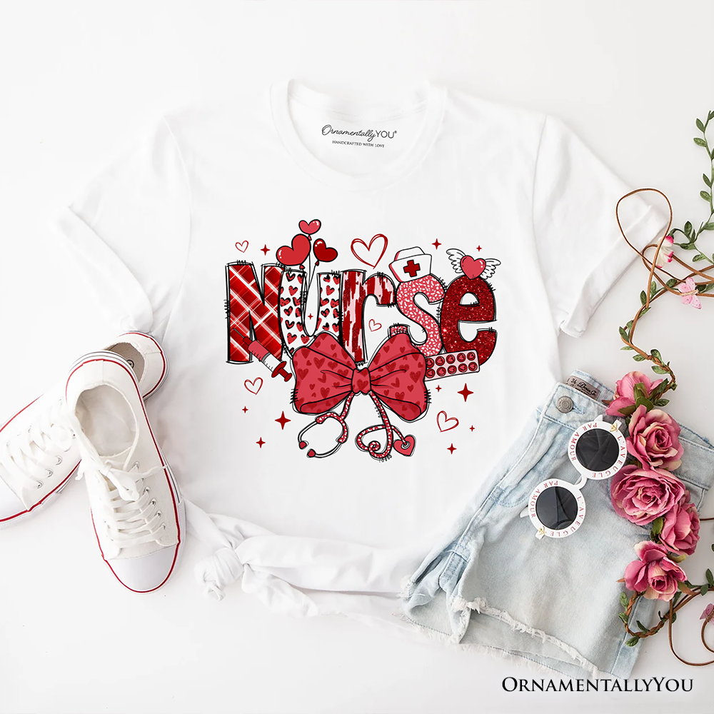 Valentine Nurse Coquette Bow T-Shirt, Cupid Favorite Nurse Tee