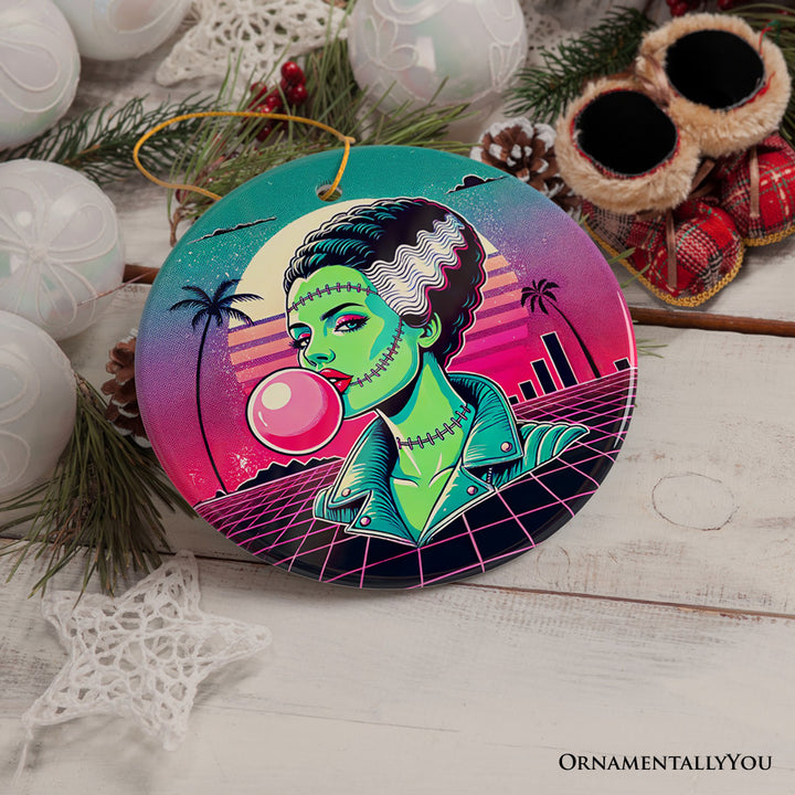 Vaperwave Mrs Frankenstein Retro Neon Horror Ornament, Synthwave 80's Styled Classic Halloween Gift and Decor
