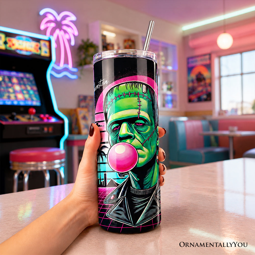 Vaporwave Frankenstein Retro Neon Horror 20oz Personalized Tumbler With Lid and Stainless Steel Straw, Synthwave 80's Styled Classic Halloween Gift Cup