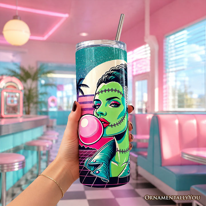 Vaporwave Mrs Frankenstein Retro Neon Horror 20oz Personalized Tumbler With Lid and Stainless Steel Straw, Synthwave 80's Styled Classic Halloween Gift Cup