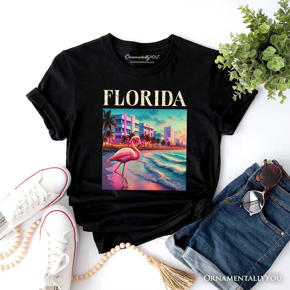 Vibrant Florida State Flamingo T-Shirt, Miami Beach Souvenir and Coastal Tee T-Shirts OrnamentallyYou Black XS 