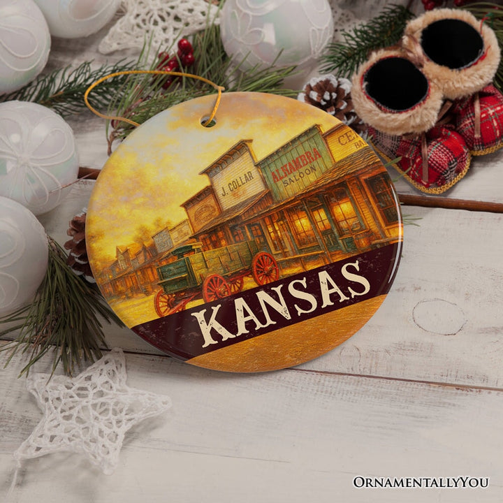 Vintage Kansas Dodge City Boot Hill Street Scene Ornament, Wild West Christmas Gift and Frontier Souvenir Ceramic Ornament OrnamentallyYou 