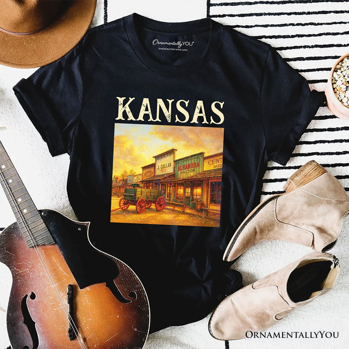 Vintage Kansas State Dodge City Boot Hill Street Scene T-Shirt, Wild West Tee and Frontier Souvenir T-Shirts OrnamentallyYou Black XS 