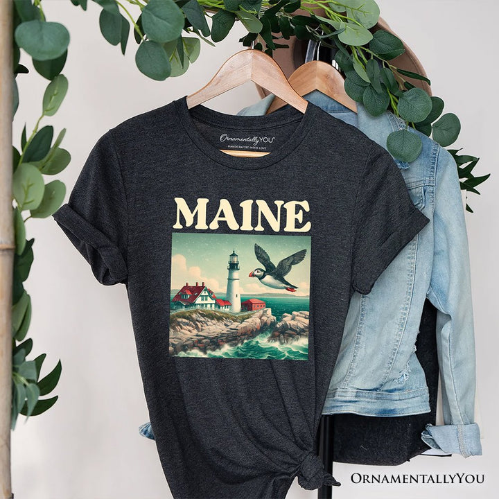 Vintage Maine State Lighthouse and Puffin T-Shirt, New England Coastal Tee and Seaside Souvenir T-Shirts OrnamentallyYou Gray XS 
