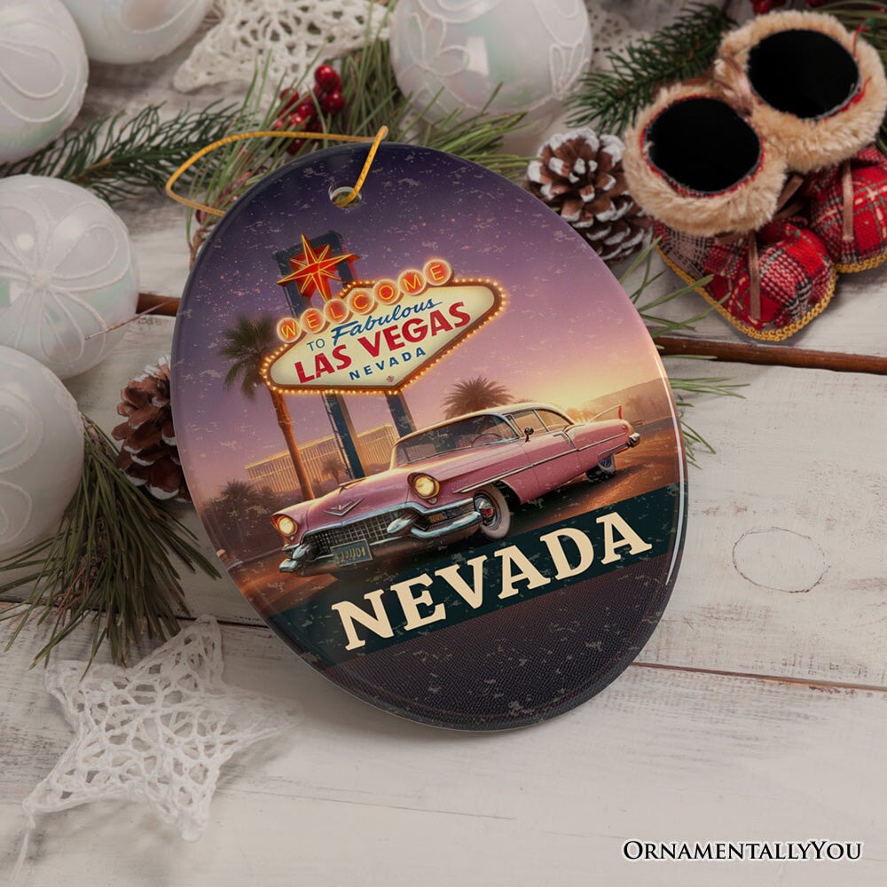 Vintage Nevada Las Vegas Sign Ornament, Retro Pink Cadillac Christmas Gift and Desert City Souvenir Ceramic Ornament OrnamentallyYou 