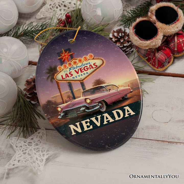 Vintage Nevada Las Vegas Sign Ornament, Retro Pink Cadillac Christmas Gift and Desert City Souvenir Ceramic Ornament OrnamentallyYou 