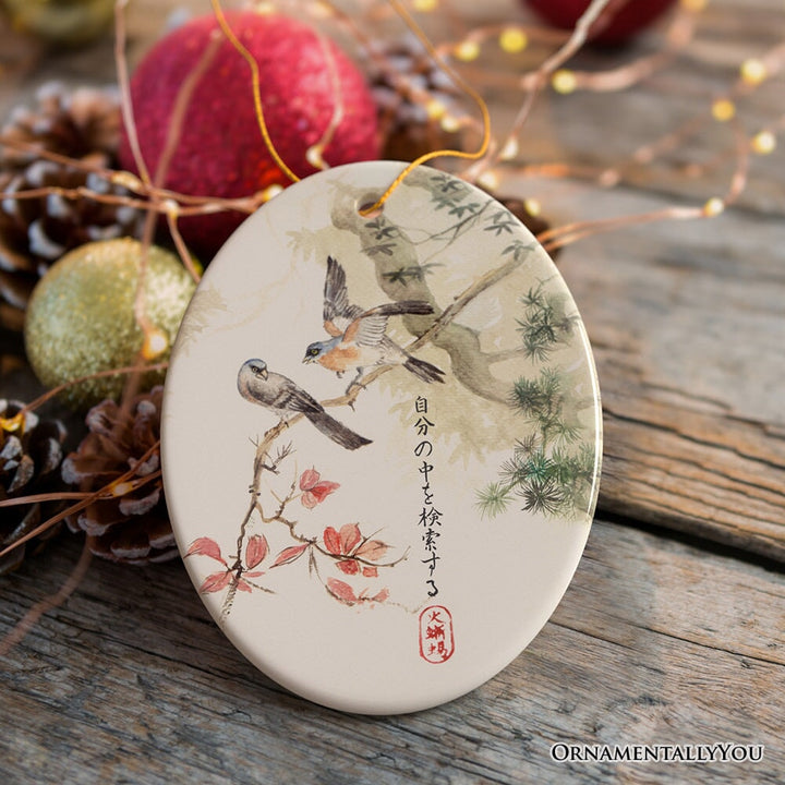 Vintage Traditional Zen Japanese Ink and Watercolor Painting of Wood Pigeons with a Haiku Ornament for Christmas Gift Ceramic Ornament OrnamentallyYou 