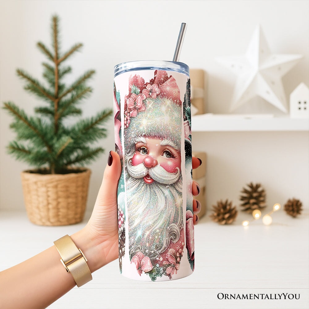 Vintage Tree, Reindeer, Santa and Snowman 20oz Personalized Tumbler With Lid and Stainless Steel Straw, Coquette Pink Christmas Gift Cup Tumbler OrnamentallyYou 